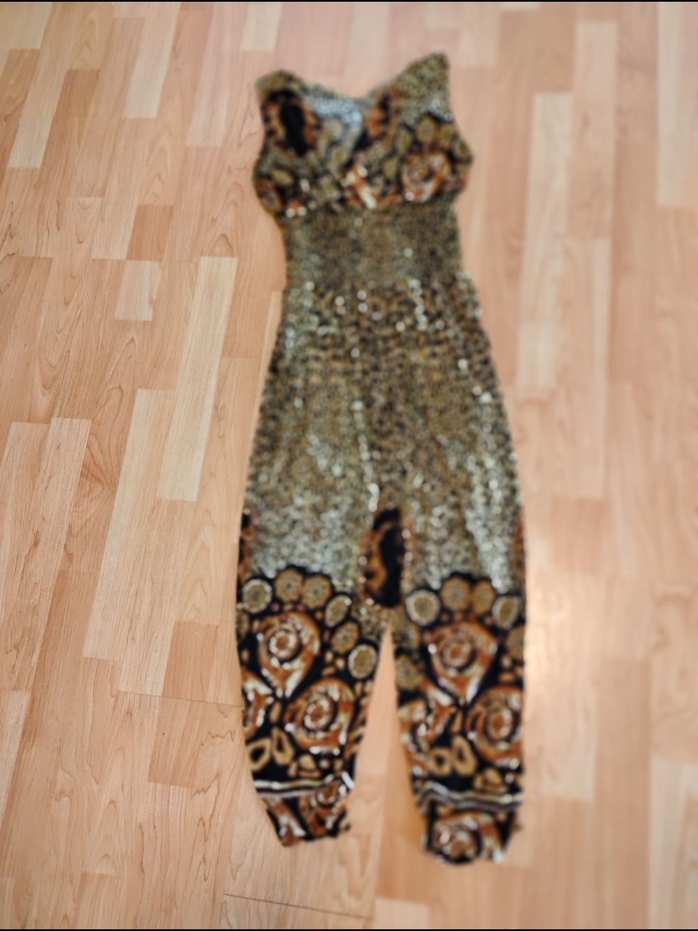 Strapless Patterned Jumpsuit in Gold and Black